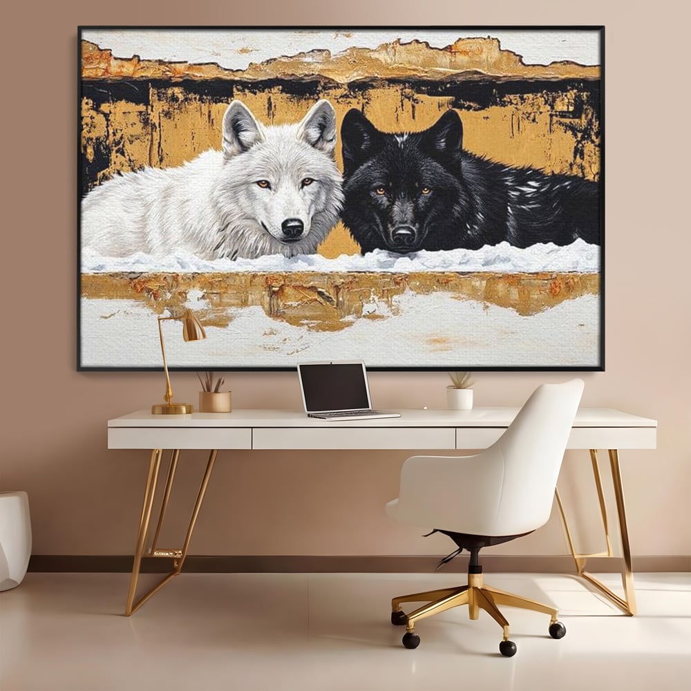 Tablou canvas cu pictura cu doi lupi in zapada, in rama de aluminiu negru, pe perete intr-un birou